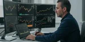 Professional investor analyzing Bitcoin charts on multiple screens, realistic photo, showing DCA and VA investment strategy comparison