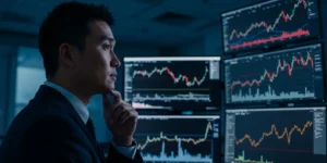 투자자가 VIX와 S&P 500 차트를 분석하는 장면