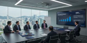 삼성전자 HBM 사업 성장과 AI 반도체 시장 확대에 따른 투자 전망을 회의하는 모습이다.